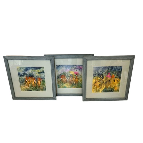 418 - Three Horse Racing Paintings by Susan Myers (3) believed to be on silk possibly batix