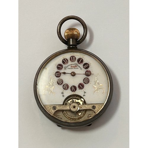 248 - Hebdomas type Silver keyless pin set open faced pocket watch, white enamel Roman dial with visible e... 