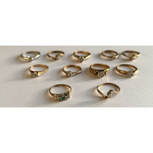 27 - Eleven 9ct Gold Diamond/White Stone Set Rings (11) 22.4g gross, one with 0.5ct Diamond