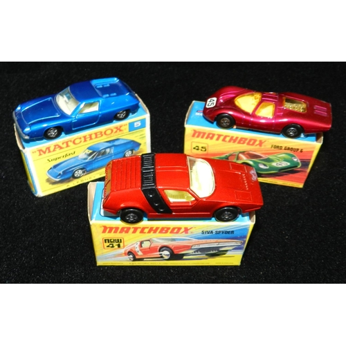 263 - MATCHBOX. 5e Lotus Europa, blue; 41d Siva Spider, red/black; 45c Ford Group 6, purple. All boxed.