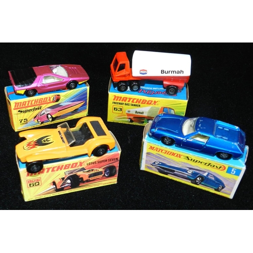 264 - MATCHBOX. (4) 5e Lotus Europa, blue. Poor-Av.; 60c Lotus Super 7; 63d Freeway gas tanker 'BURMAH', 7... 