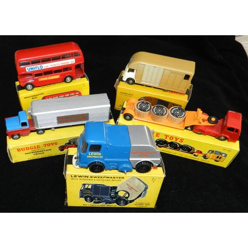 277 - BUDGIE. (5) 232 Low loader with cable drums. GC; 236 Routemaster bus. VGC; 294 Horse box. VGC; 300 L... 