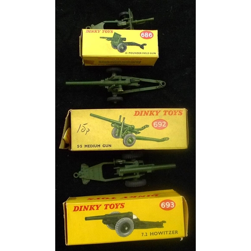 25 - DINKY. (3) 686 25 lbr. field gun; 692 5.5 medium gun; 7.2 howitzer. All def. boxed.