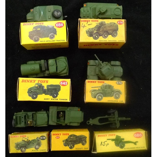 26 - DINKY. (7) 643 Army water tanker; 670 Armoured car; 673 Scout car; 674 Austin Champ; 676 Armoured pe... 