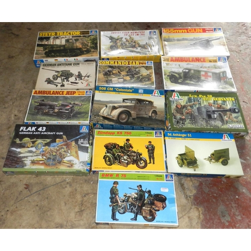 44 - ITALERI. (13) Plastic construction kits. 1:35 scale. Various smaller vehicles & guns.. Un-made, not ... 