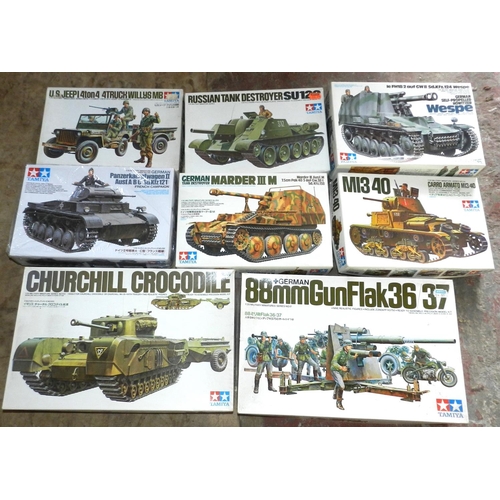 55 - TAMIYA. (8)  Plastic construction kits. 1:35 scale. Various armoured vehicles. Un-made, not checked.... 