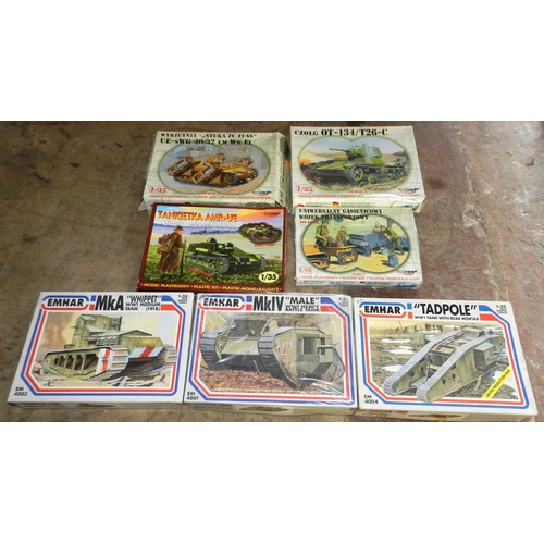 60 - MIRAGE. (4) Plastic construction kits. 1:35 scale. Various military models. Also EMHAR. (3) Un-made,... 