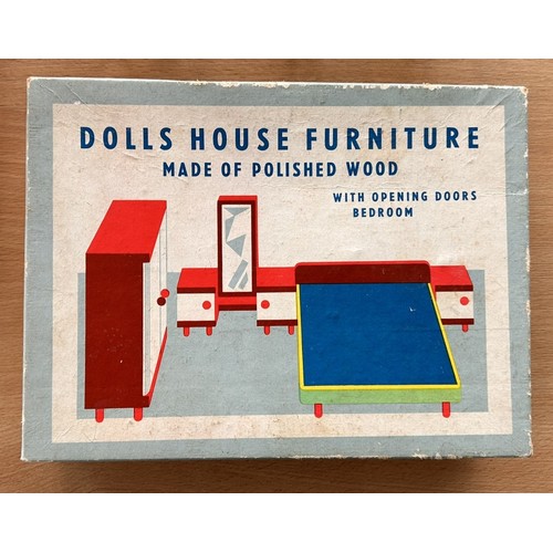 165 - Vintage Mid-Century Dolls House Furniture inc high chair, wicker furniture set & boxed wooden set (3... 