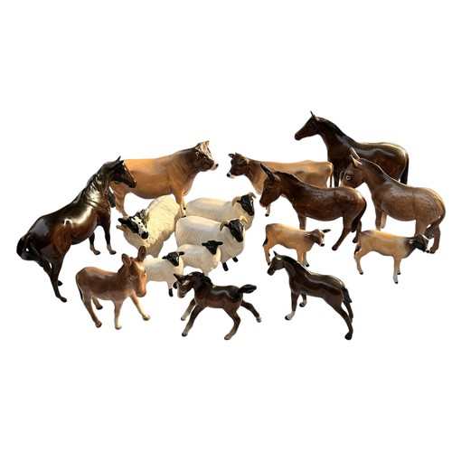 147 - A collection of Beswick farm animals, comprising donkey, cow, sheep, lamb, foals, etc (16)