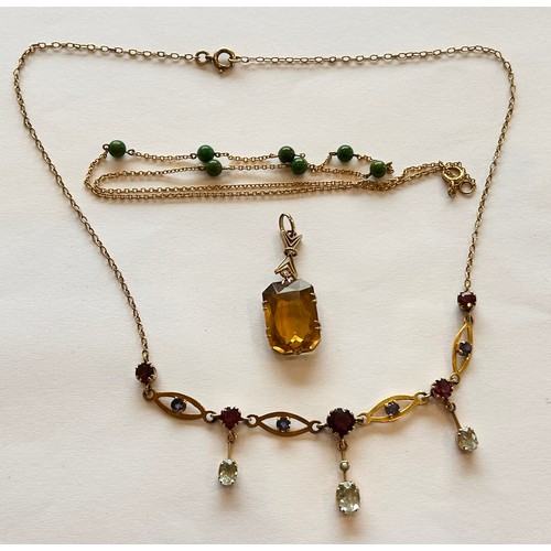 15 - 9ct Gold Necklace with Jade style beads (2.7g), 9ct Gold Gemstone Pendant (4.1g) & a yellow metal st... 