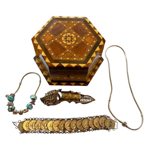 30 - A Small Hexagonal Inlaid Jewellery Box containing a Pandora Bracelet with Charms, a Pandora Necklace... 