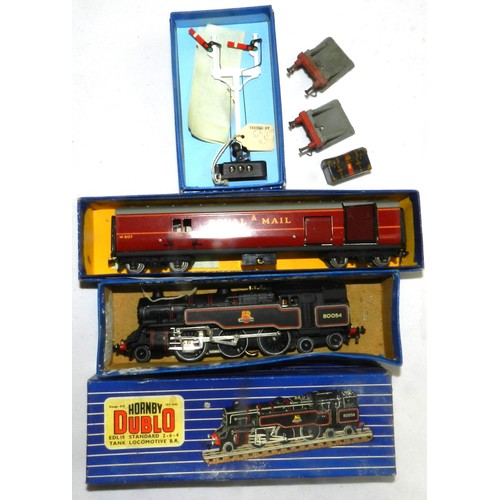 227 - Hornby Dublo. 2-6-4T loco. 80054, black, BR. Boxed.;  Royal Mail coach, T.P.O., 32098. Boxed. Also E... 