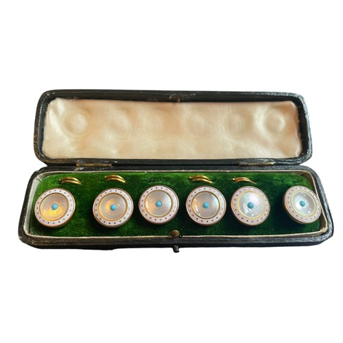 36 - Six  Gold Plated & Mother of Pearl Dress Buttons with 5 hoops in leatherette case