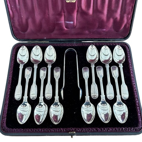 5 - Victorian Cased Set of twelve Teaspoons & Sugar Tongs (13) Birmingham 1890 by Elkington & Co Ltd 388... 