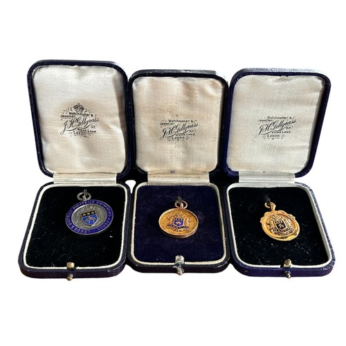 60 - Three Swimming / Water Polo Medallions (3) Two in 9ct Gold (4.2g, 4.2g) & one in Silver (11.8g) also... 