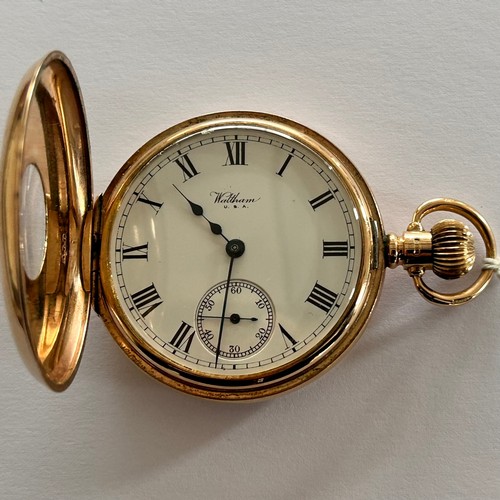 145 - Waltham 9ct Gold half hunter pocket watch, gold inner & outer case, 99.6g gross