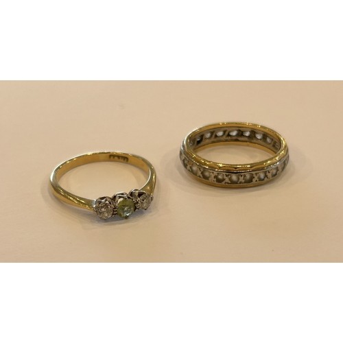 64 - Two 18ct Gold Rings (2), one set with a trio of stones 1.8g approx size L & an etenity ring 3.5g app... 