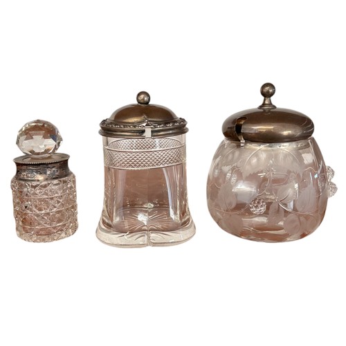 39 - Two Silver Topped Jars & a Silver Rimmed Perfume Bottle (3) 
Lids 44.8g