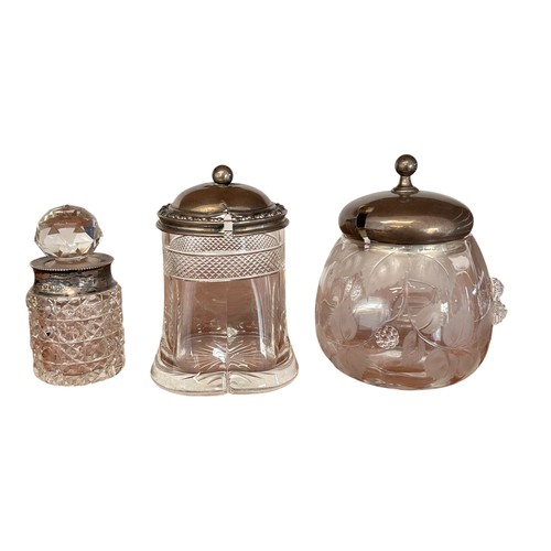 39 - Two Silver Topped Jars & a Silver Rimmed Perfume Bottle (3) 
Lids 44.8g