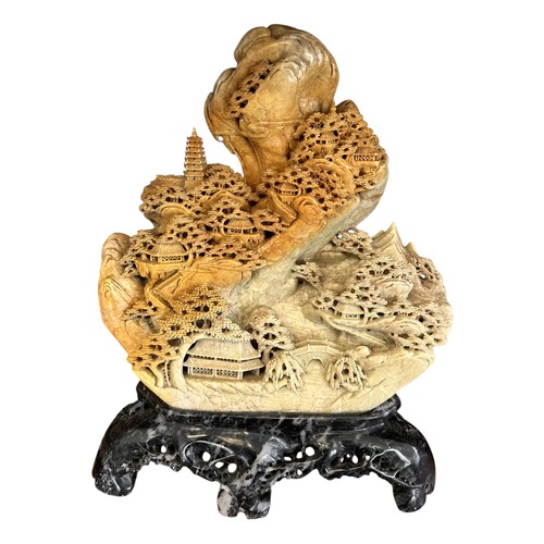 202 - Carved soap stone Oriental mountain scene (approx. 33cm x 24cm)