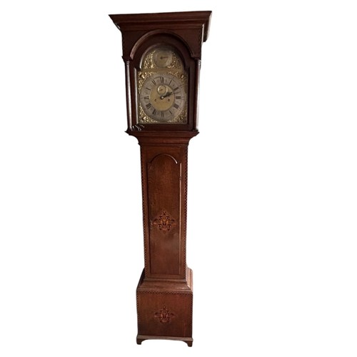 18 - An Oak Cased long case clock, arched brass dial with silvered chapter, subsidiary seconds and date a... 