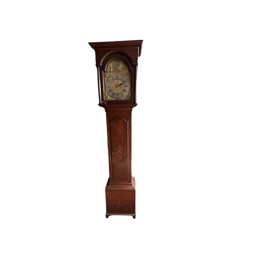 18 - An Oak Cased long case clock, arched brass dial with silvered chapter, subsidiary seconds and date a... 