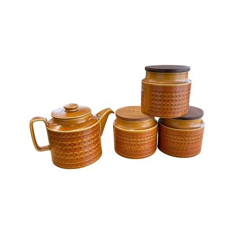 220 - A Collection of SAFFRON HORNSEA POTTERY TO INCLUDE Teapot and three jars, one marked sugar and coffe... 