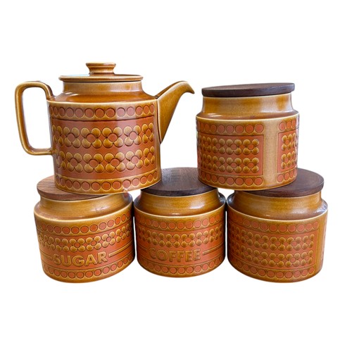 220 - A Collection of SAFFRON HORNSEA POTTERY TO INCLUDE Teapot and three jars, one marked sugar and coffe... 