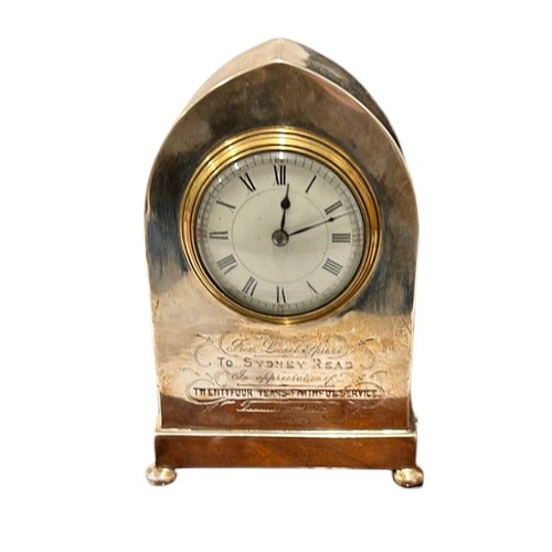 20 - Hallmarked Silver Cased Clock, enscribed 'From Lionel Spiers To Sydney Read in appreciation of Twent... 