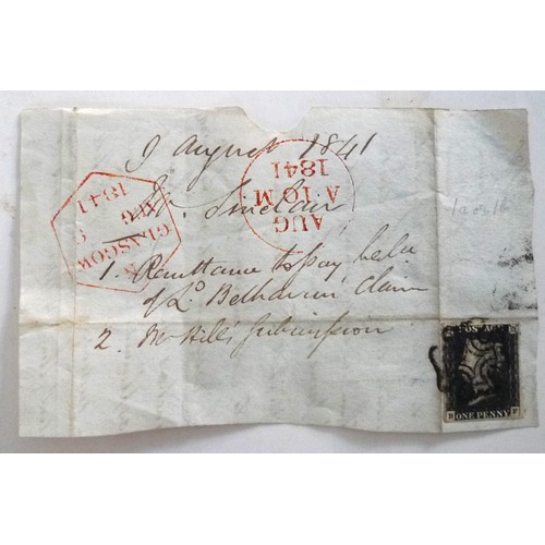 28 - Penny Black part cover. Dated August 9th 1841. Plate 1b with NW 7 o’clock flaw. Heavy black Maltese ... 