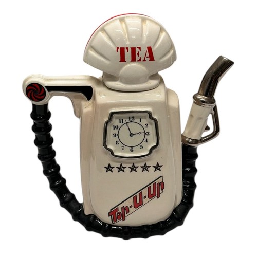 201 - Gasoline Petrol Pump Novelty Teapot by Southwest ceramics, blue with shell shaped lid, marked Top Yo... 