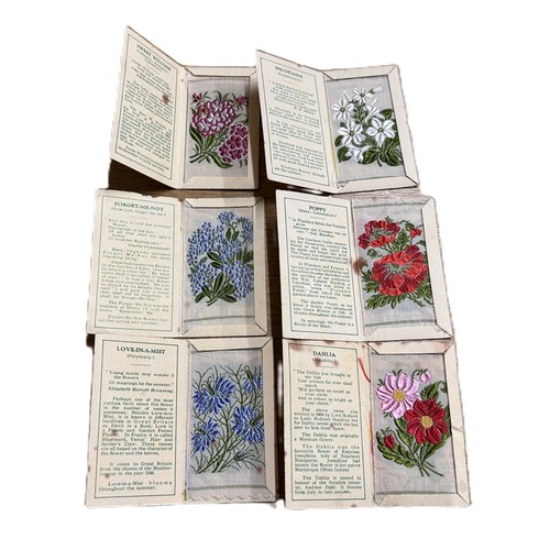 51 - Collection of Kensitas Flowers Silk Cigarette Cards, Featuring Detailed Embroidered Flower Designs a... 