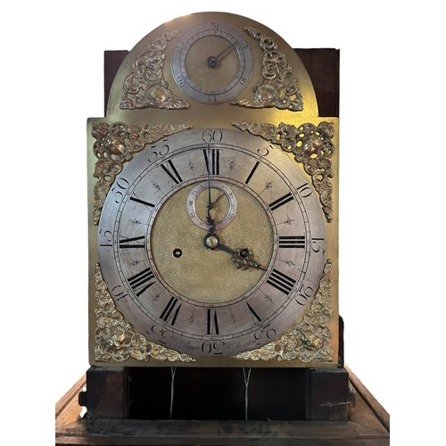 18 - An Oak Cased long case clock, arched brass dial with silvered chapter, subsidiary seconds and date a... 