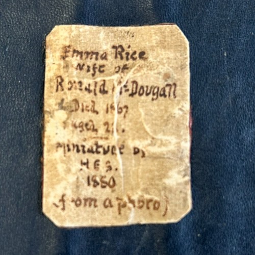 151 - Antique Miniature Painting, Lable verso ' Emma Rice Wife of Ronald McDougall Died 1867 aged 28, mini... 