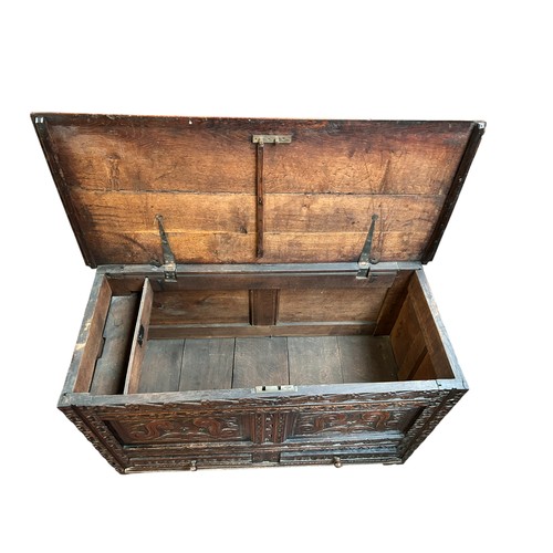 178 - A Carved Oak Blanket Box, probably made up of older panels
117cm wide x 70cm tall x 53cm deep