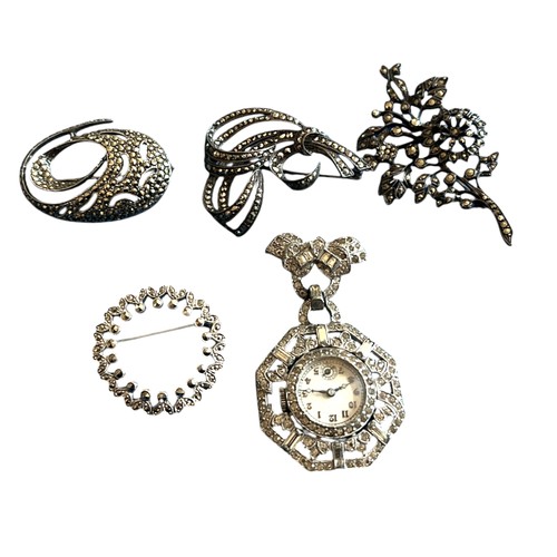 11 - A Collection of Brooches (5) Three in Silver (34.9g) and a Silver Bracelet (20g)