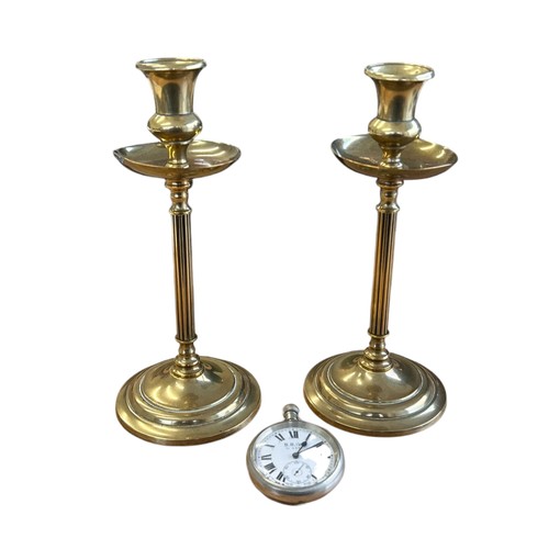 26 - A British Railway Pocket watch and Two Brass Candle Sticks (3)