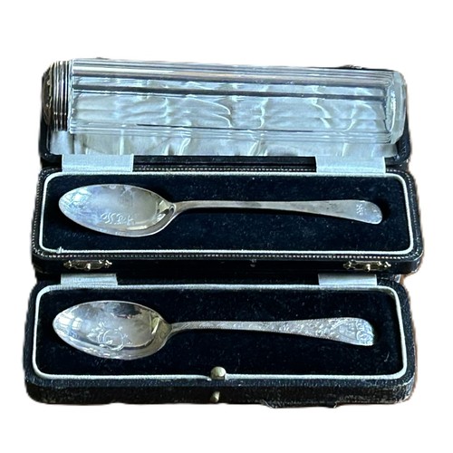 65 - Two Engraved Hallmarked Silver Christening Spoons and a Hallmarked Silver Topped Glass Jar (3) 28.4g... 