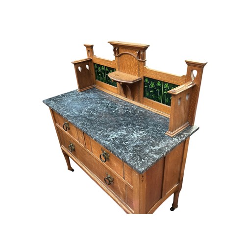 163 - Arts & Crafts Marble Topped, Oak Wash Stand with green tiled back splash
107cm wide x 201cm tall x 4... 