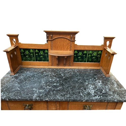 163 - Arts & Crafts Marble Topped, Oak Wash Stand with green tiled back splash
107cm wide x 201cm tall x 4... 