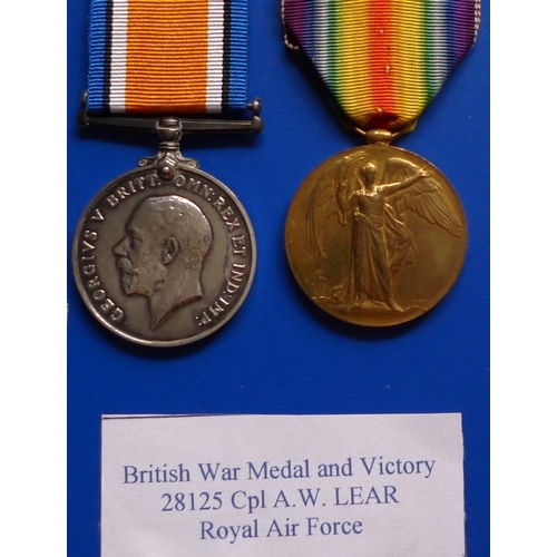 British War Medal 1914-20, Victory Medal 1919; to 28125 Cpl. A.W. Lear ...