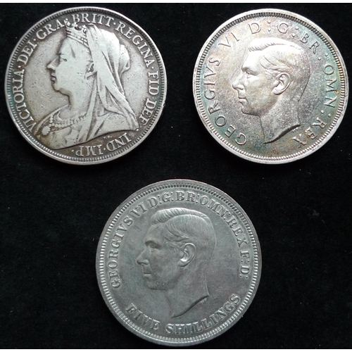 69 - GB; Crown. (3) Vict. 1895. LIV. NF.; Geo. VI. 1937. B.Unc.; 1951. Very slight edge knock otherwise G... 