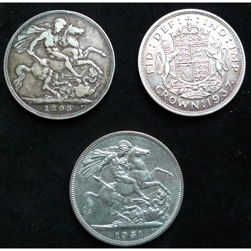 69 - GB; Crown. (3) Vict. 1895. LIV. NF.; Geo. VI. 1937. B.Unc.; 1951. Very slight edge knock otherwise G... 