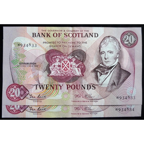 110 - Bank of Scotland. £20. (2) SC145e 15.08.87. H934833 - 843 consecutive. EF