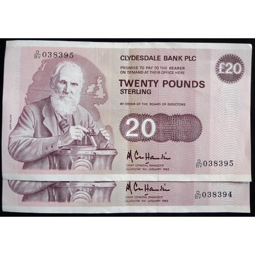 113 - Clydesdale Bank plc. £20. (2) SC351b. 05.01.83. D/BV 038394 - 095 consecutive. EF.