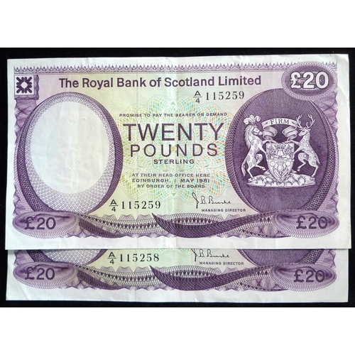 118 - Royal Bank of Scotland Ltd. £20. (2) SC821. 01.05.81. A/4 115258 - 259 consecutive. GVF.