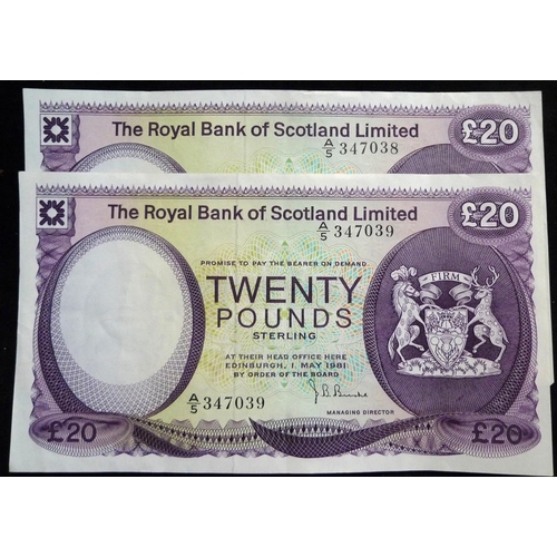 120 - Royal Bank of Scotland Ltd. £20. (2) SC821. 01.05.81. A/5 347038 - 039 consecutive. GVF.