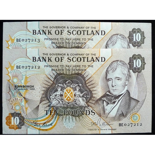 131 - Bank of Scotland. £10. (2) SC134c 08.01.86. BE027212 - 213 consecutive. GEF.