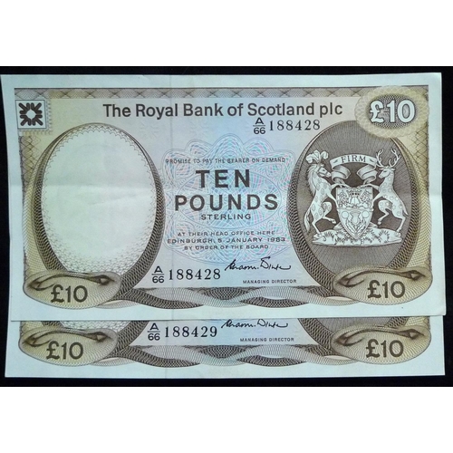 136 - Royal Bank of Scotland plc. £10. (2) SC819 05.01.83. A/66 188428 - 429 consecutive. NEF.