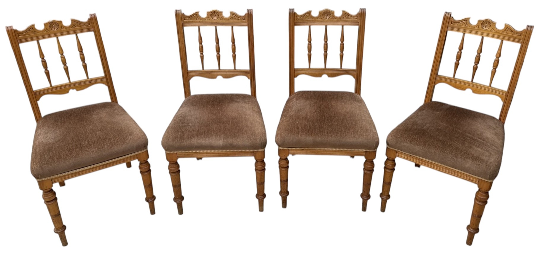 Set of four Arts & Craft carved oak dining chairs with floral medallion ...